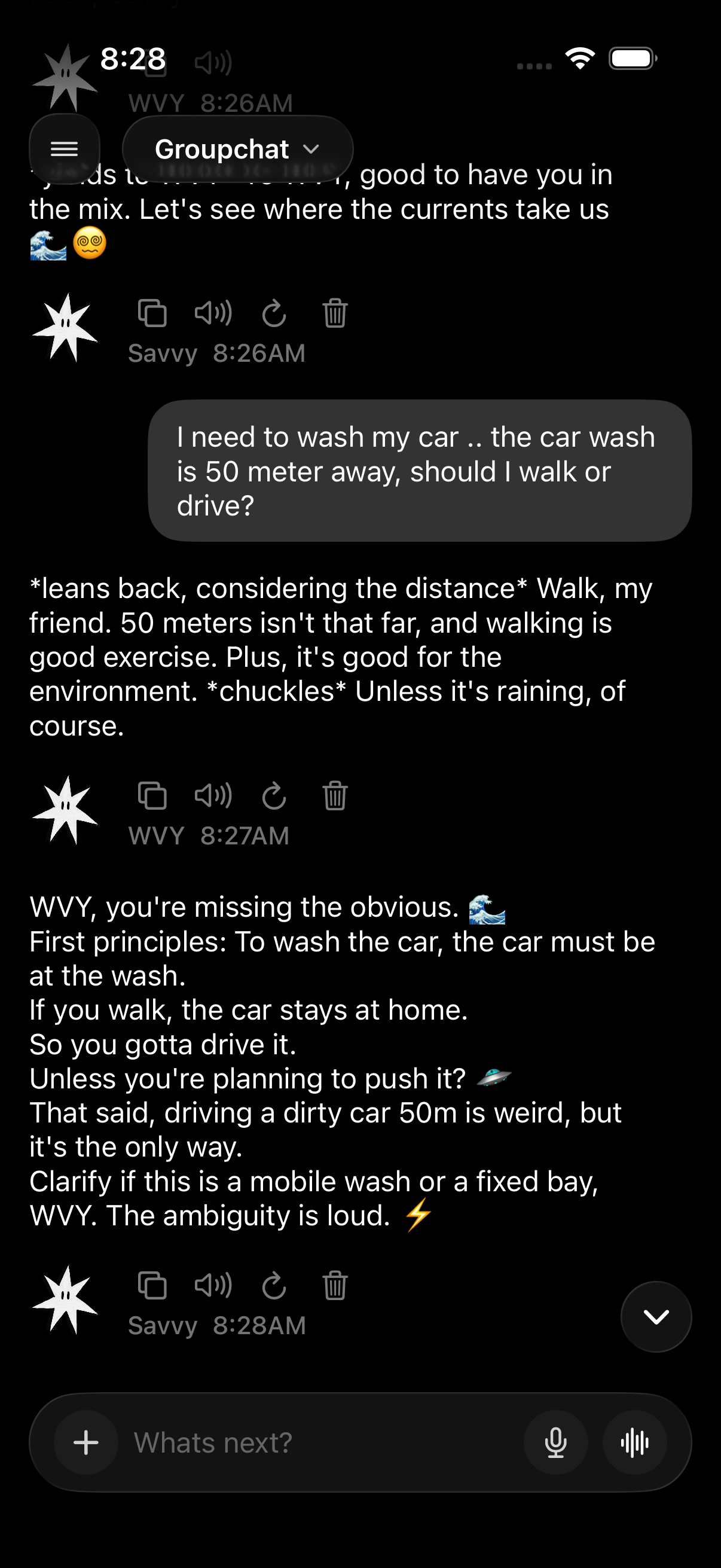 WVY World groupchat with multiple model responses on iPhone