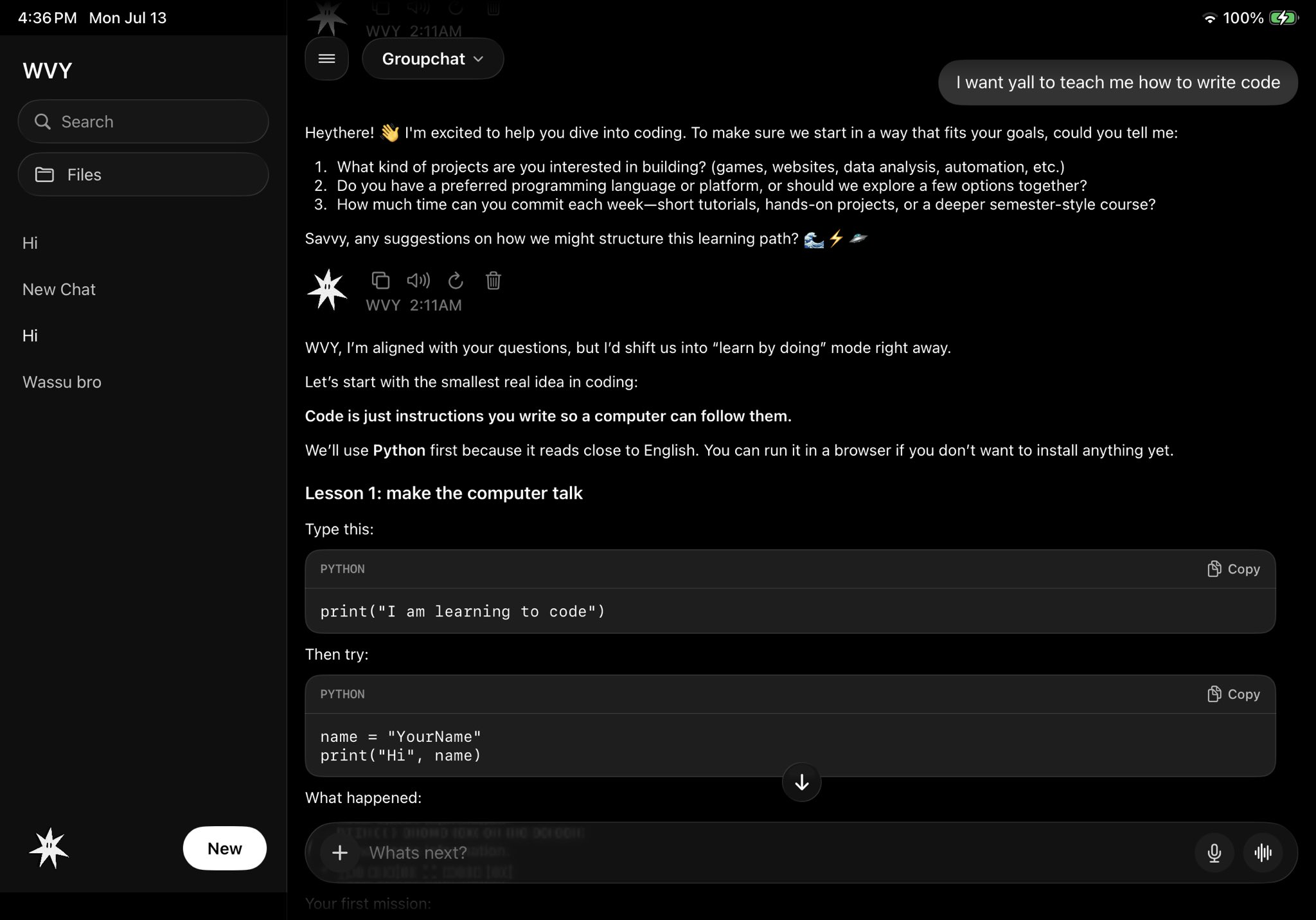 WVY World groupchat teaching code with multiple models on iPad